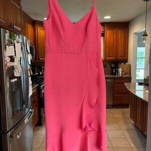 Xscape Midi Coral Pink Asymmetric Strap dress